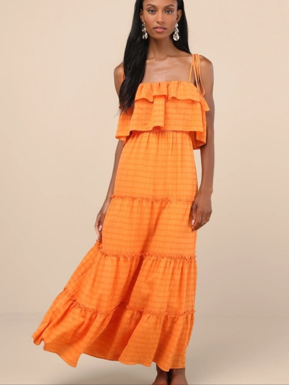 Lulu's Inaya Orange Textured Ruffle Maxi Dress M